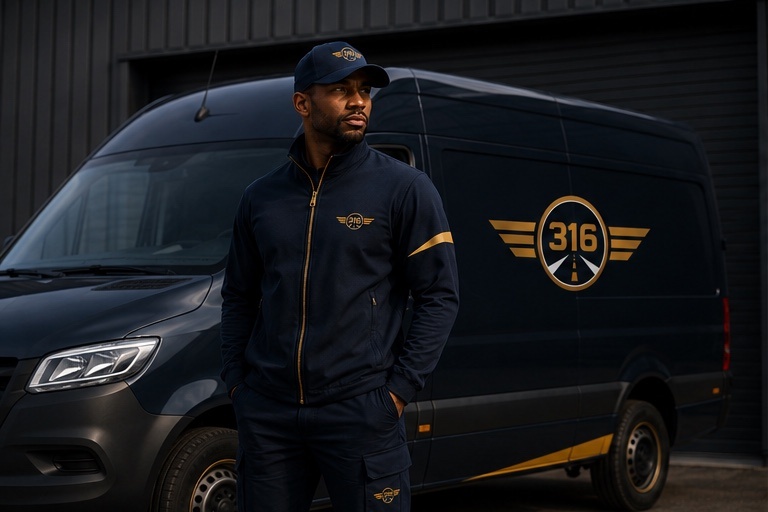 316Courier driver standing beside a branded delivery van